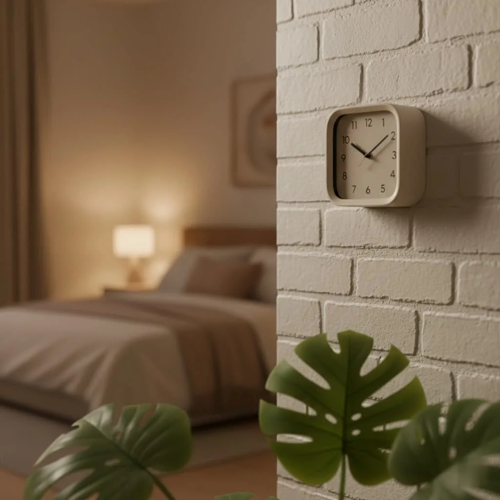 Classic twin-bell retro alarm clock on a wooden nightstand