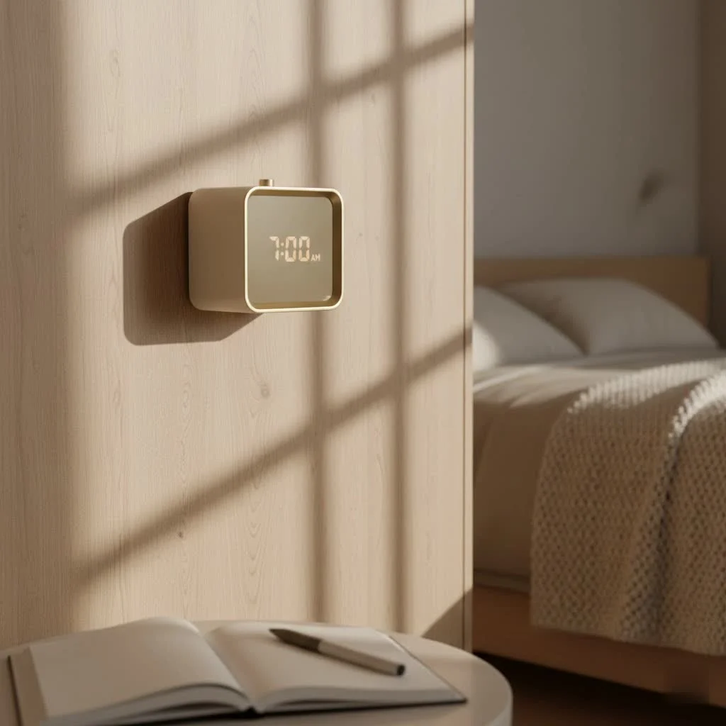 Digital alarm clock displaying the time on a bedside table