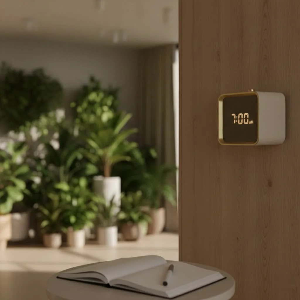 A classic analog simple alarm clock on a bedside table