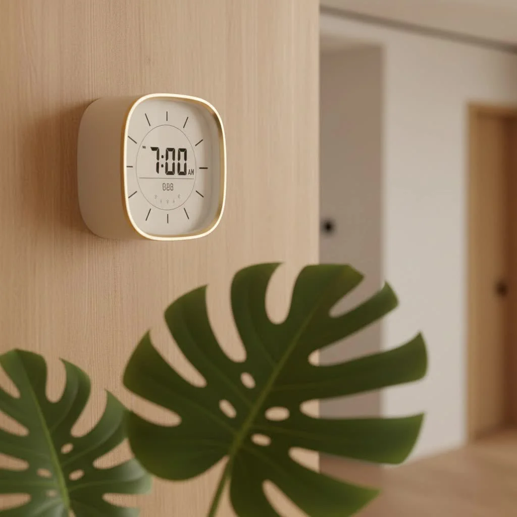 Children's alarm clock with a friendly character design