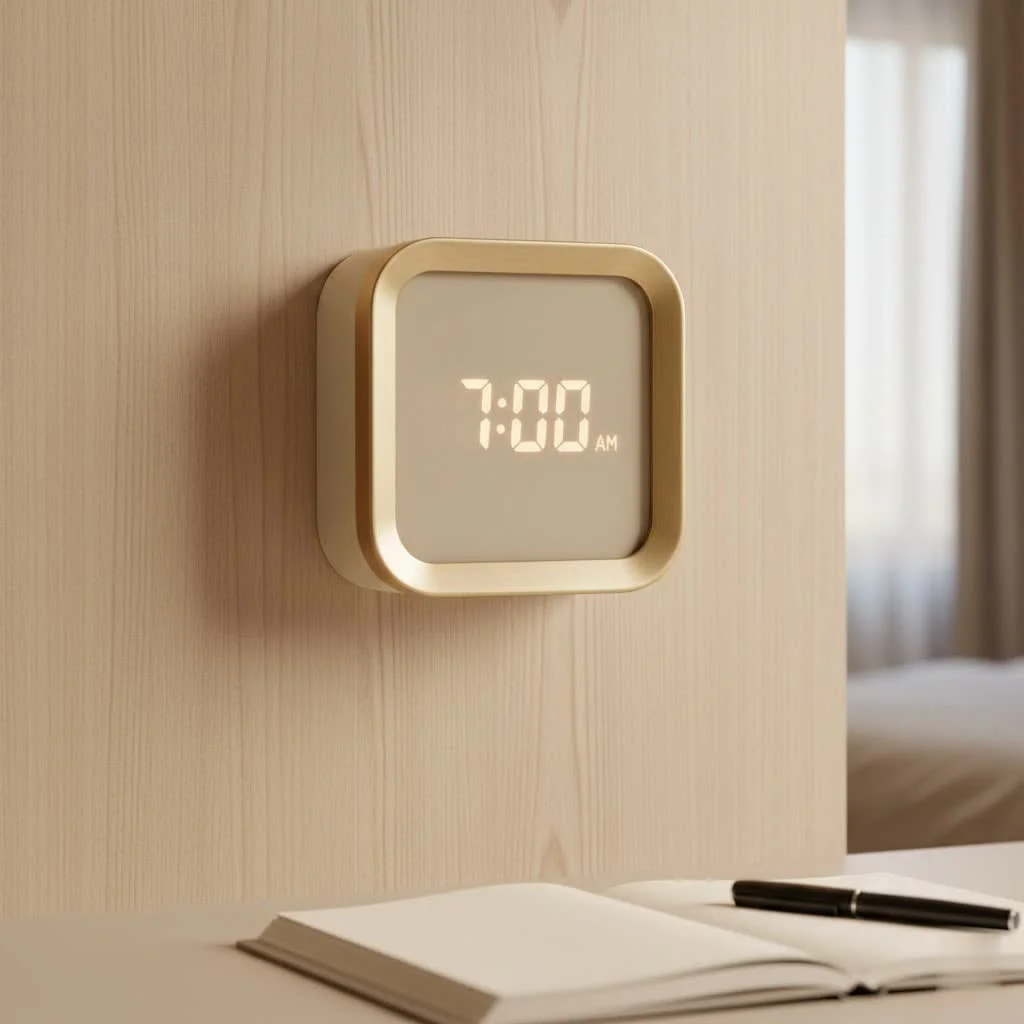 Digital alarm clock displaying the time 7:00 AM on a nightstand