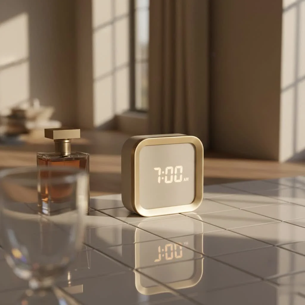 Digital projection alarm clock displaying time on a bedroom ceiling