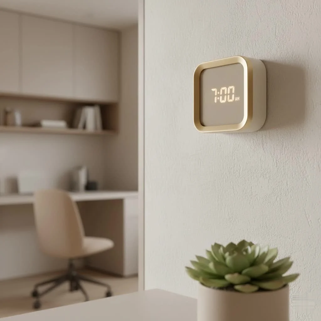 Digital alarm clock displaying time on a bedside table