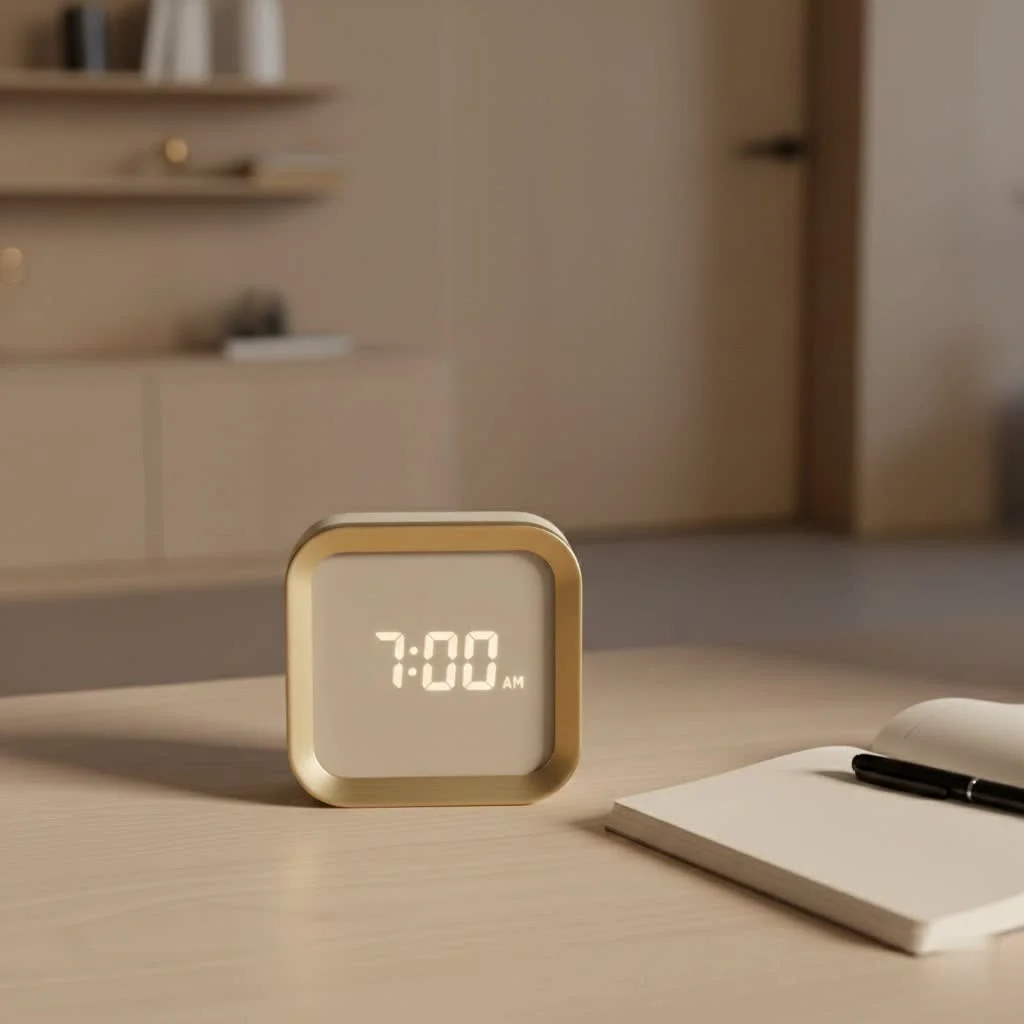 Battery powered alarm clock on a bedside table