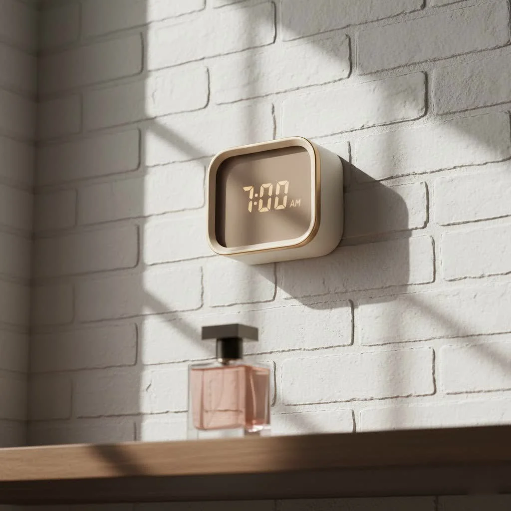Timex alarm clock with a clear digital display on a bedside table