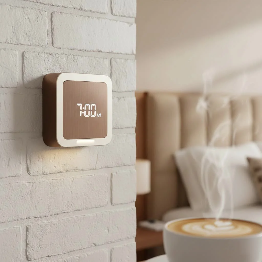 Modern alarm clock displaying time on a nightstand