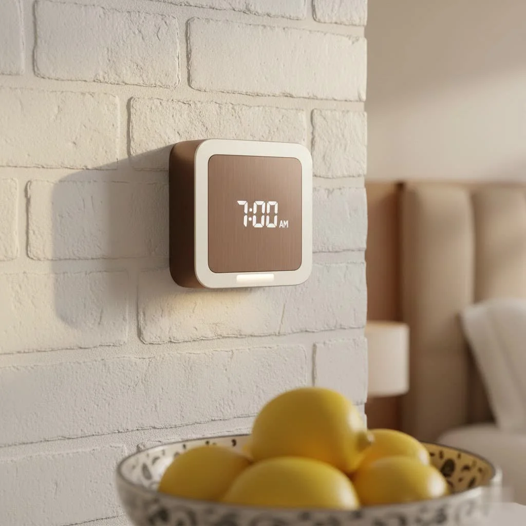 Sunrise lamp alarm clock gradually illuminating a bedroom