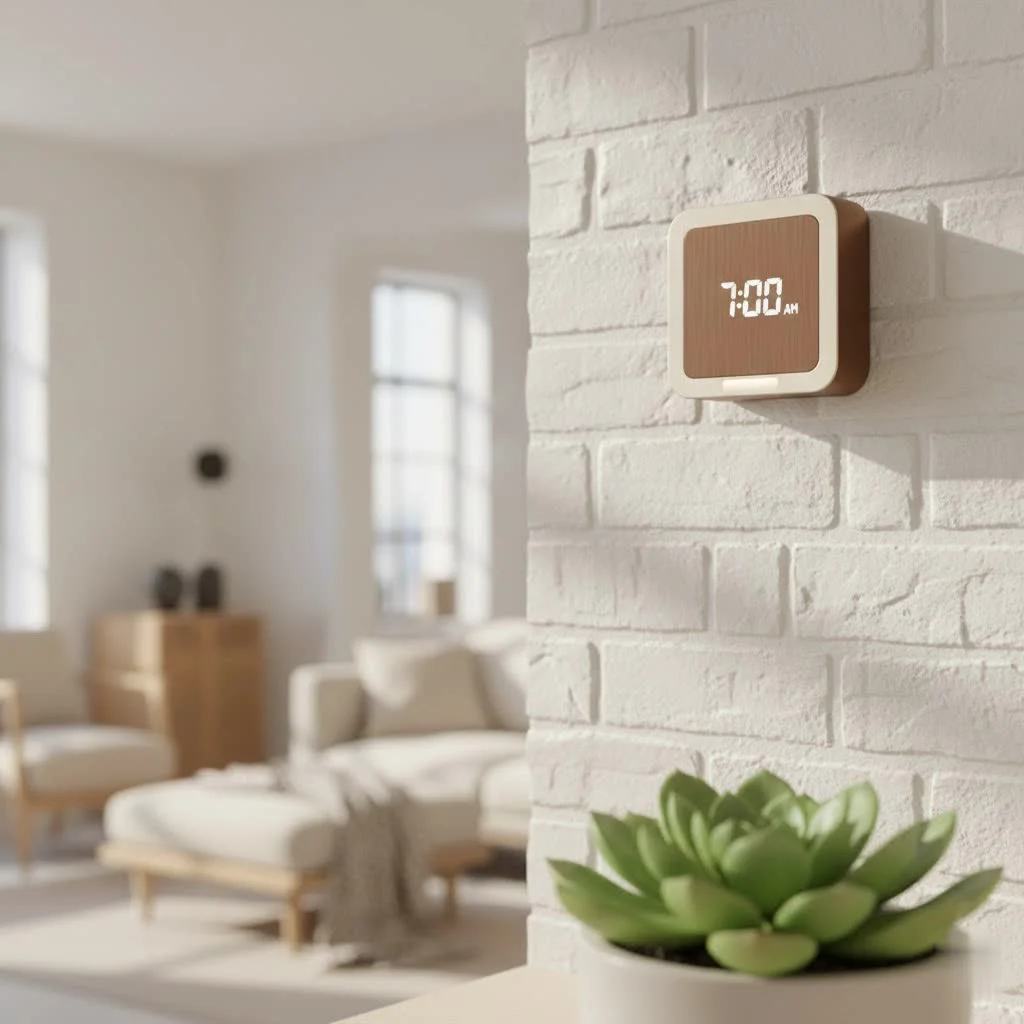 Sunrise alarm clock illuminating a bedroom