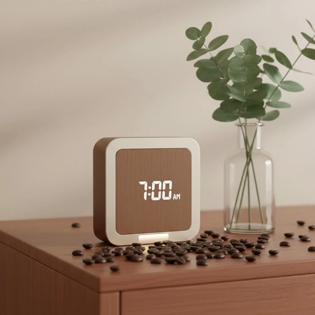 Alexa alarm clock displaying time and weather