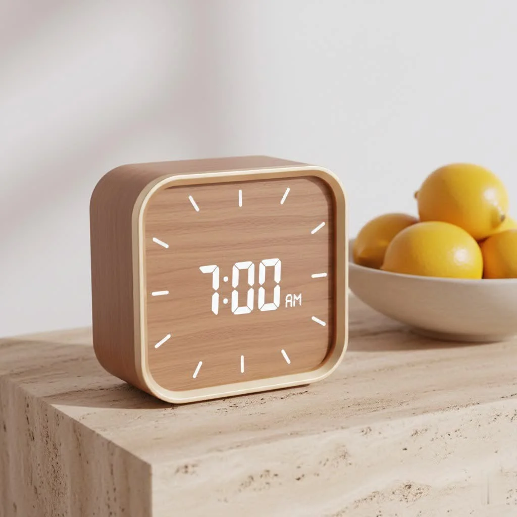 GE alarm clock with a clear digital display on a nightstand