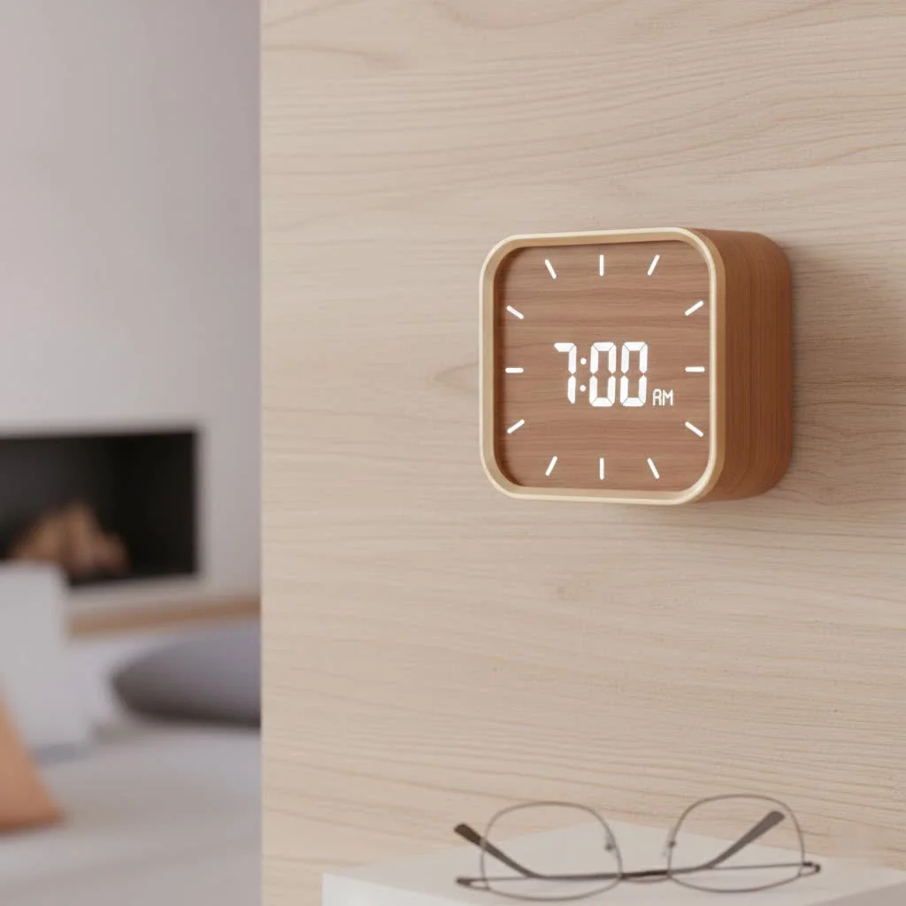 Compact digital alarm clock on a minimalist nightstand
