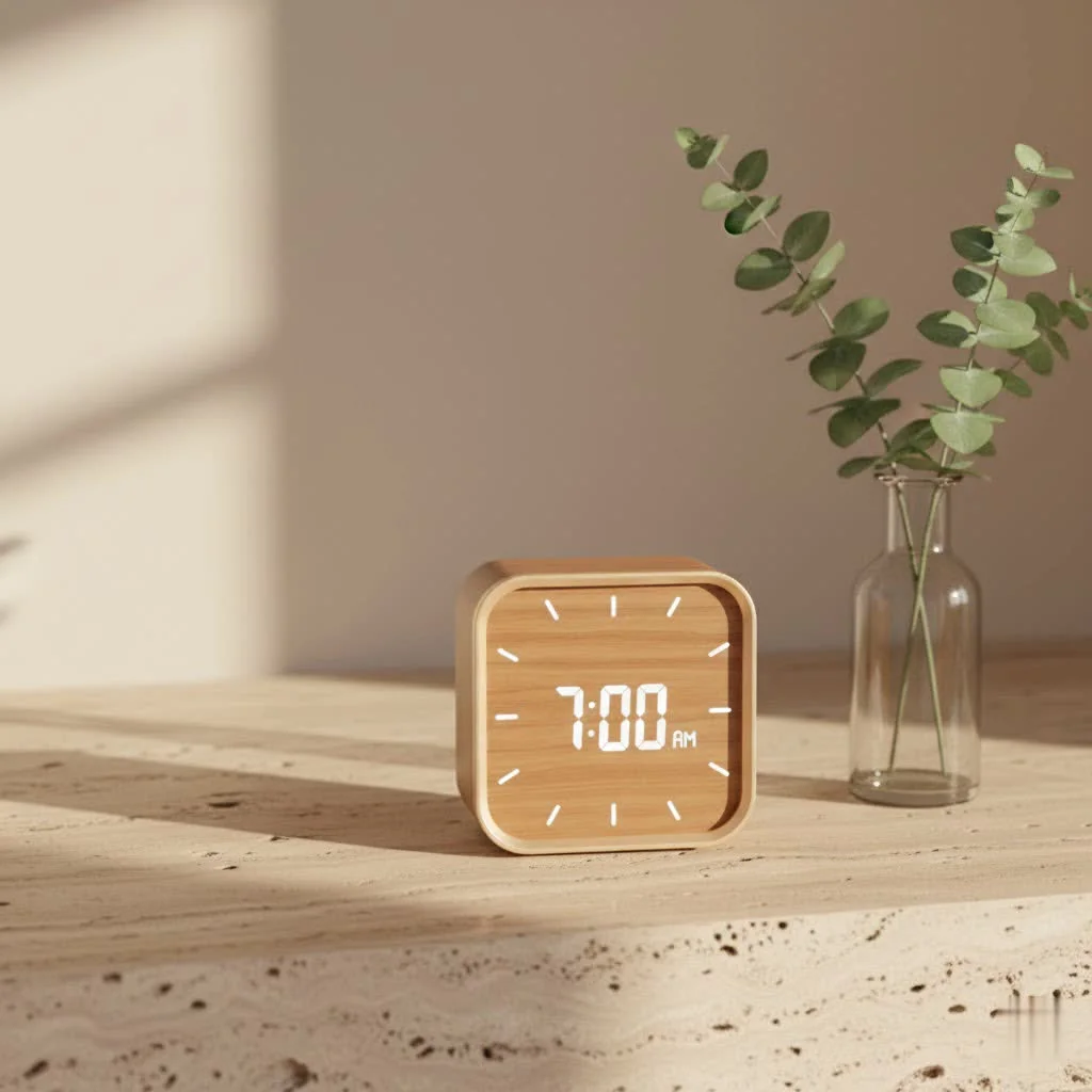 Digital internet alarm clock displaying time and weather
