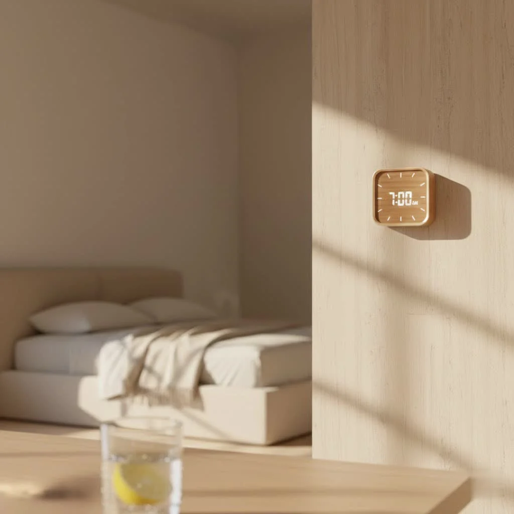 Compact battery operated alarm clock on a bedside table
