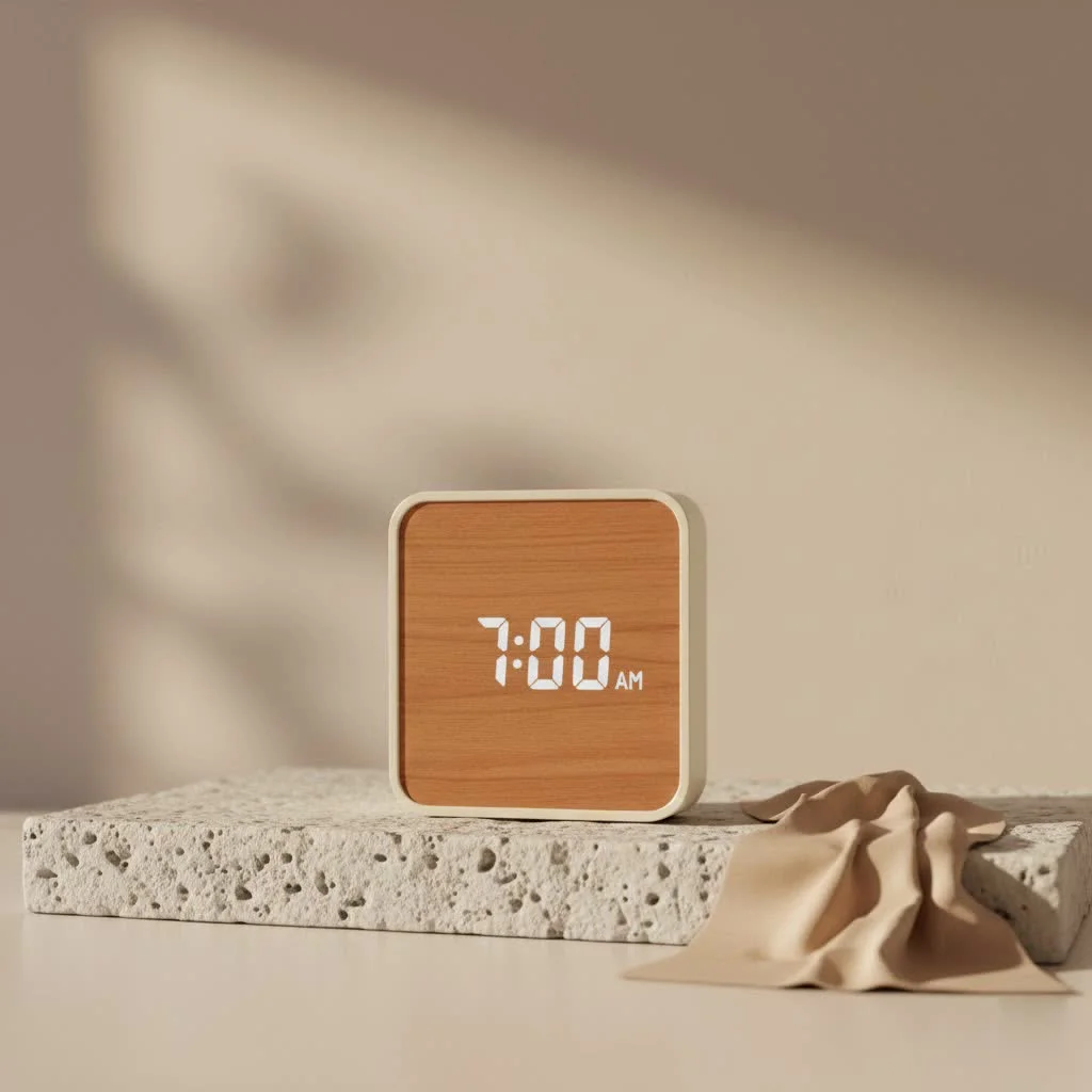 Classic twin-bell alarm clock on a bedside table