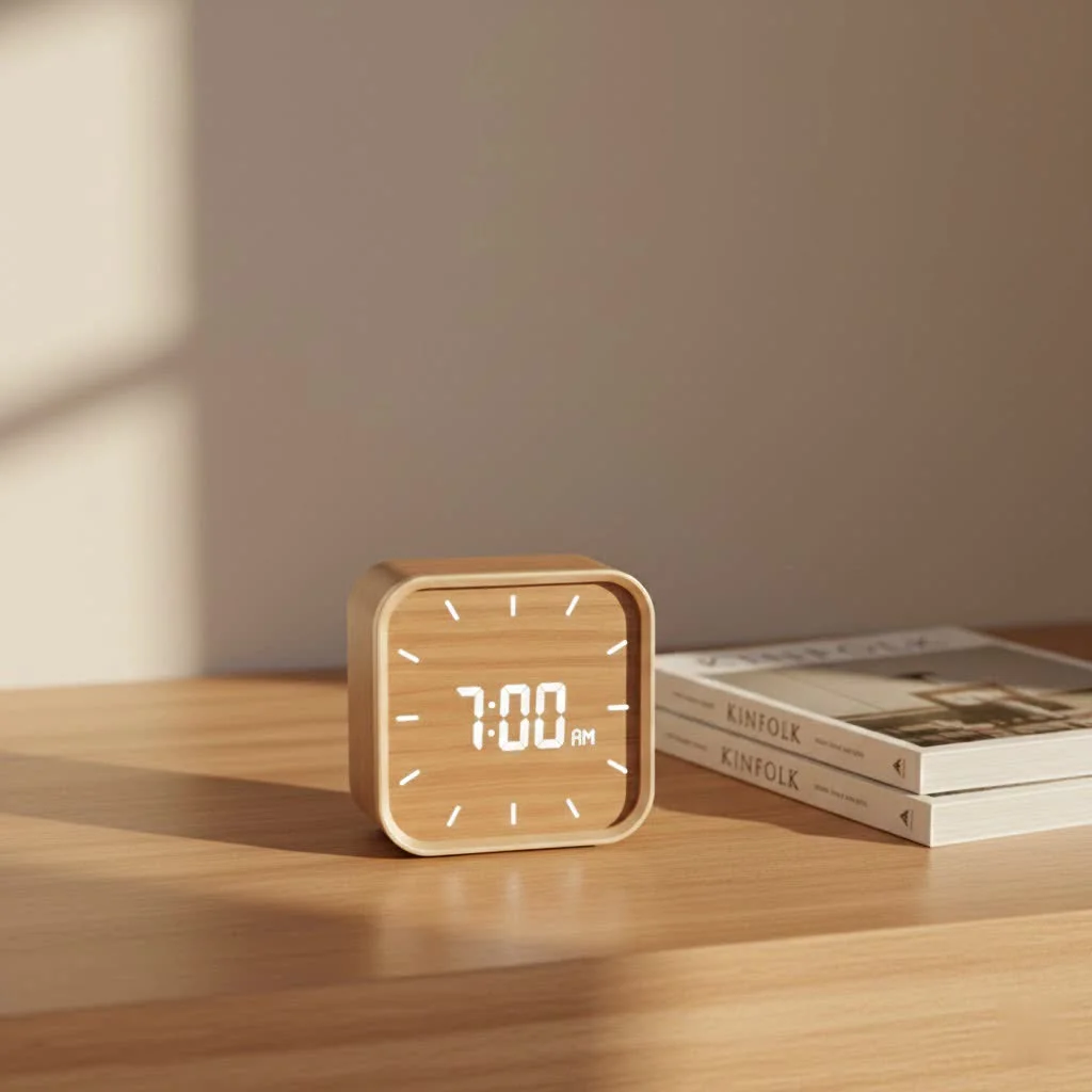 Smart alarm clock with a digital display showing time and a gentle light
